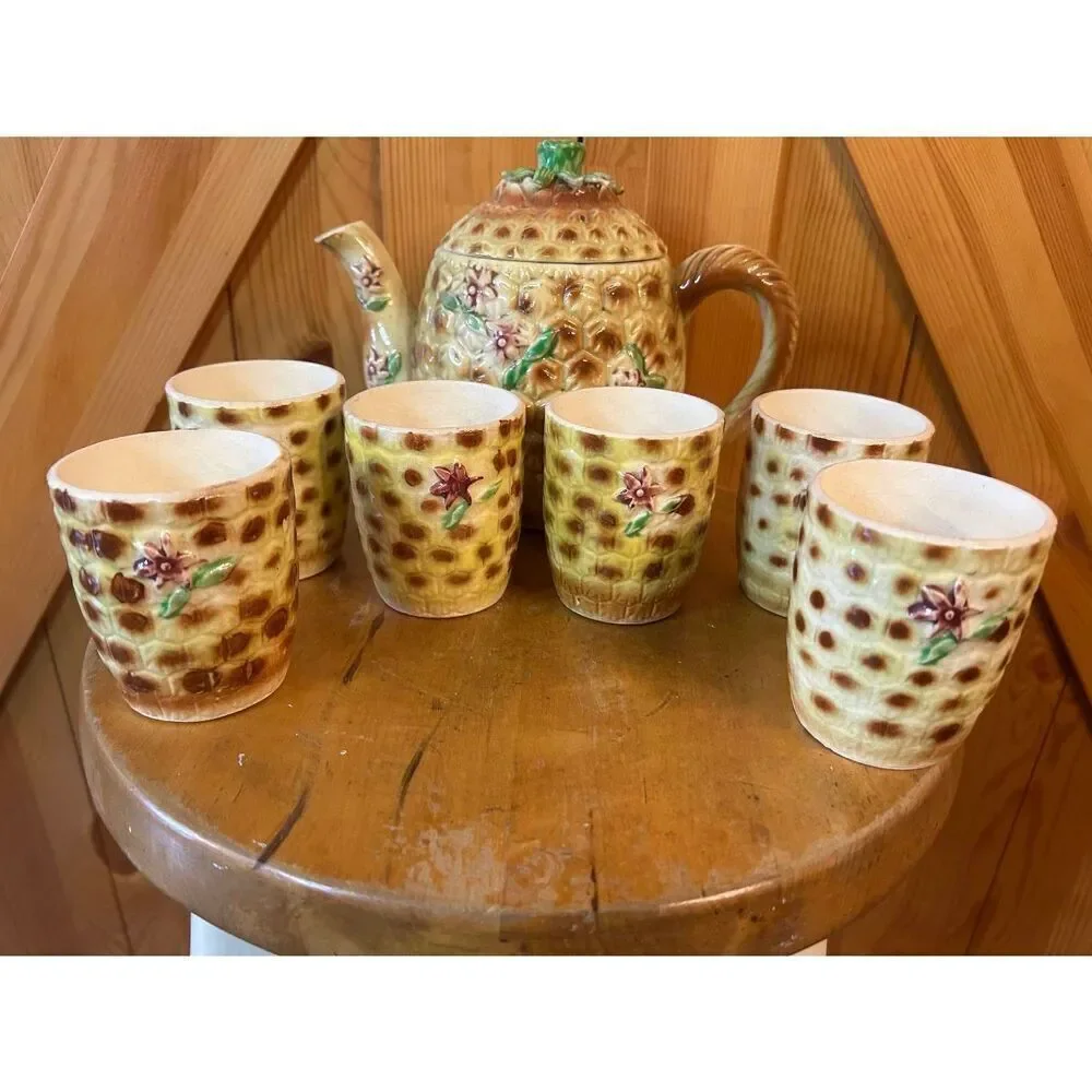Vintage Japanese 7 Piece Tea Set Porcelain Pineapple Floral Design Read (5007)